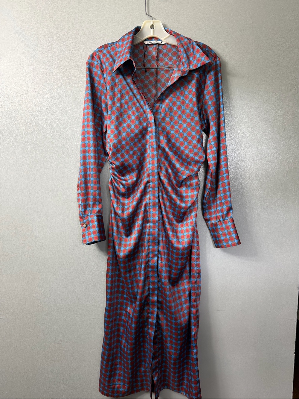 Zara multicolour shirt dress side ruching and a retro geometric pattern small